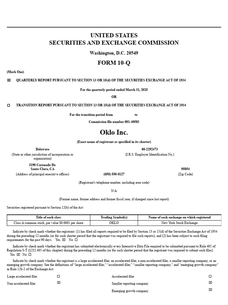 United States Securities and Exchange Commission FORM 10-Q: Oklo Inc ...