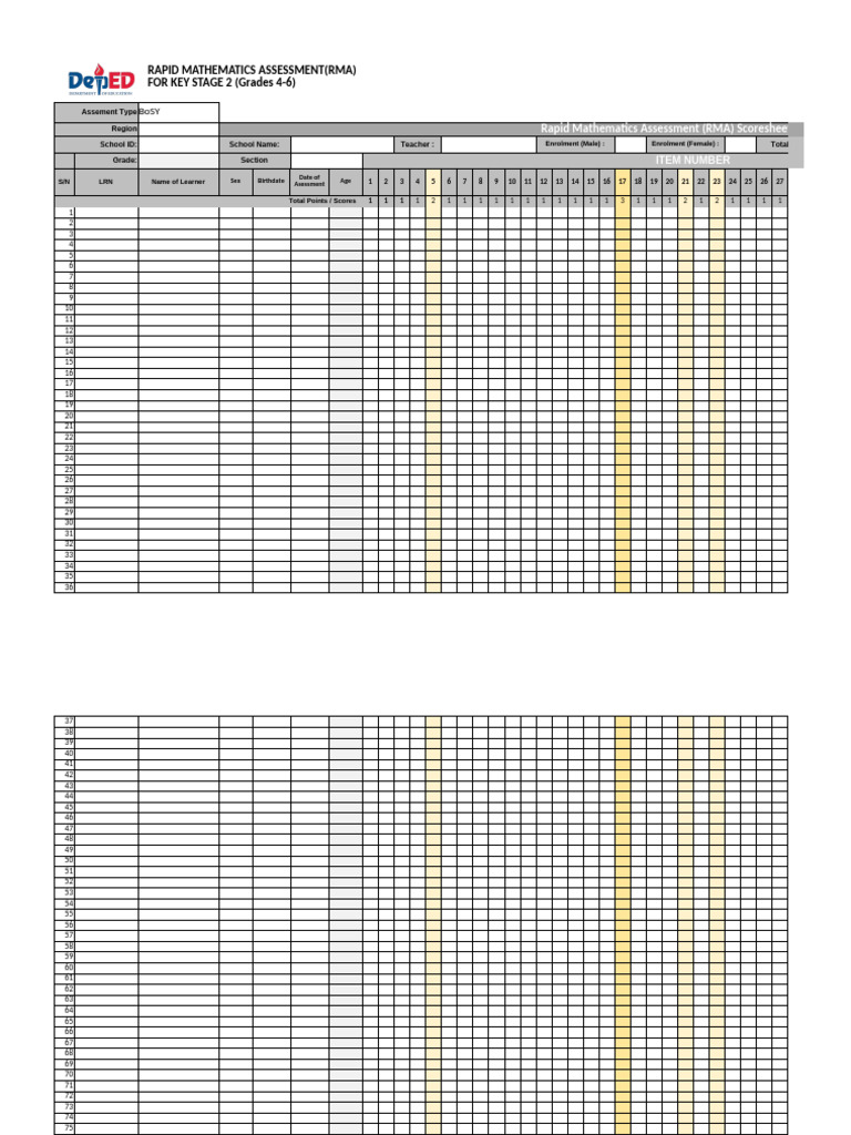 Rapid Mathematics Assessment Scoresheet | PDF