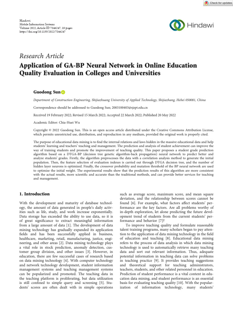 Mobile Information Systems - 2022 - Sun - Application of GA BP Neural ...