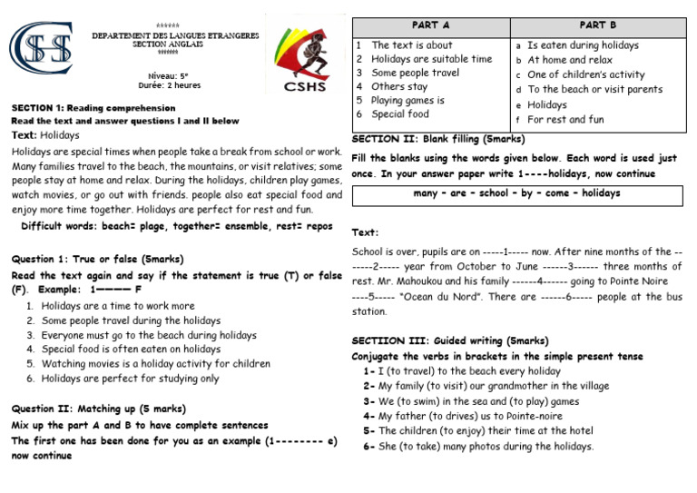 Holiday Reading Comprehension Exercise | PDF | Semantics | Language ...