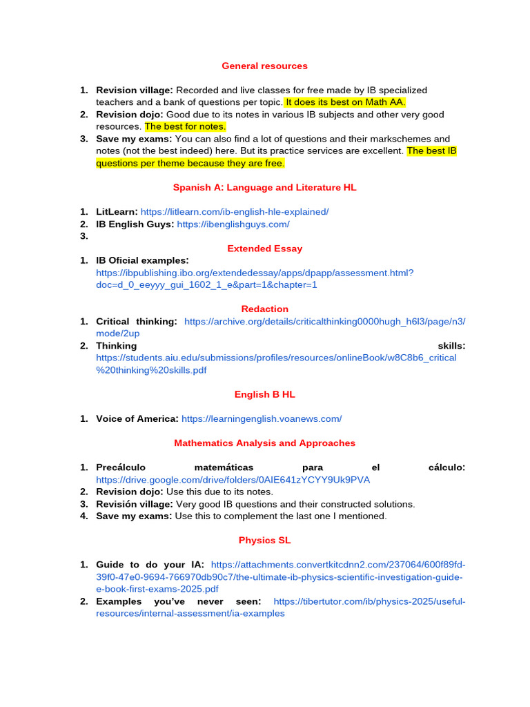Essential IB Revision Resources | PDF