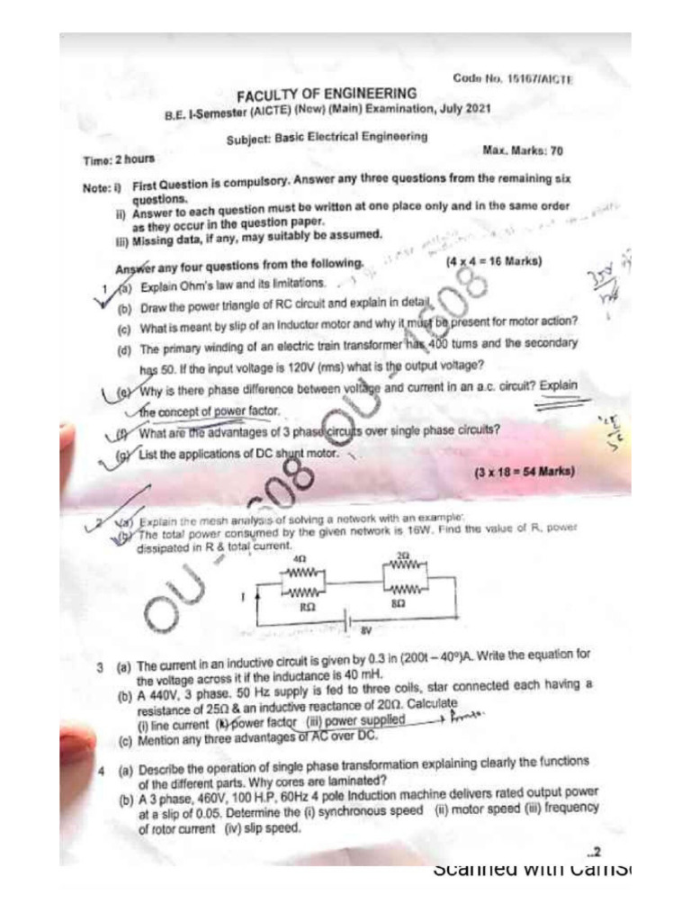 Basic Electrical Engineering (1) Question Paper 1 15167 July 2021-2 | PDF