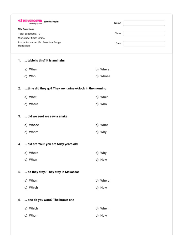 WH Questions - Wayground | PDF