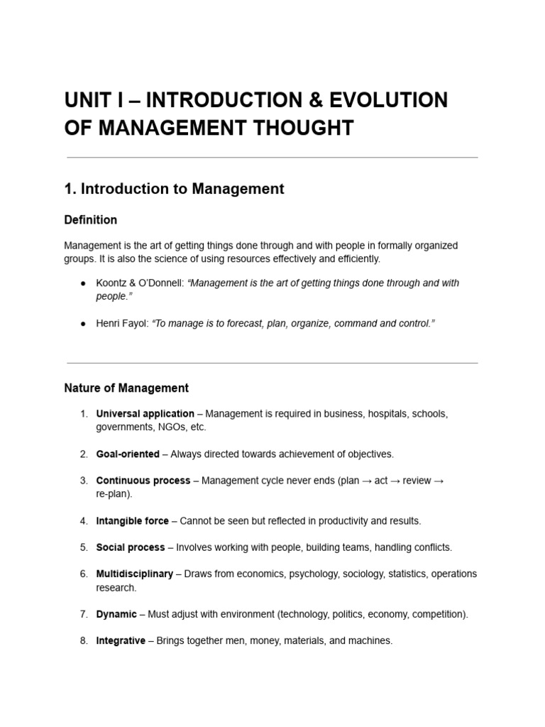 Unit I - Introduction & Evolution of Management Thought | PDF ...