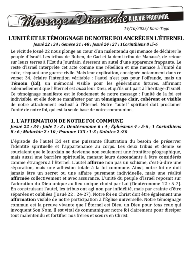 Unité et Témoignage de la Foi en Dieu | PDF | Dieu | Josué