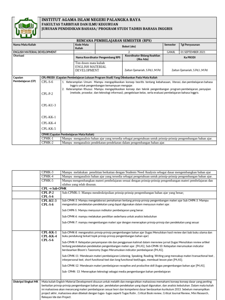 RPS Pengembangan Materi Bahasa Inggris | PDF