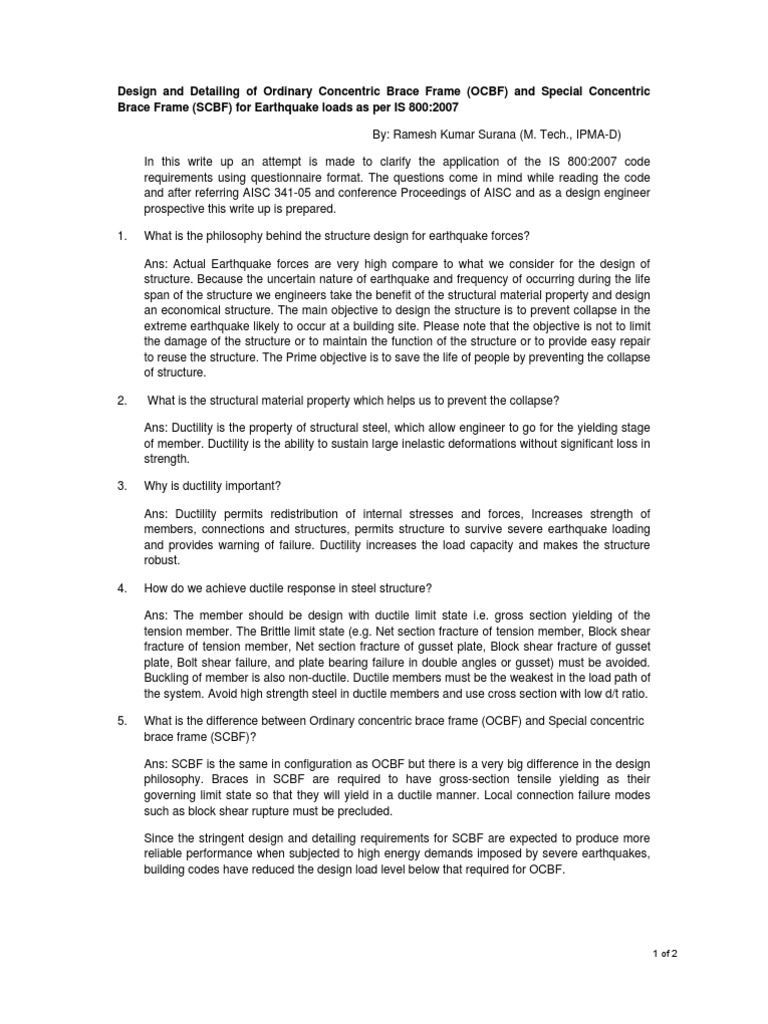 OCBF vs SCBF Design for Earthquakes | PDF | Fracture | Strength Of ...