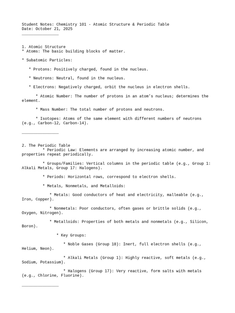 Chemistry 101: Atomic Structure & Periodic Table | PDF