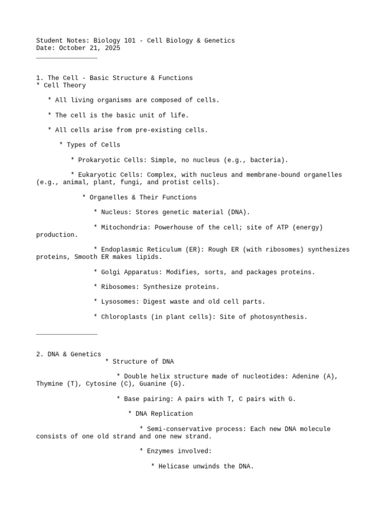 Biology 101: Cell Biology & Genetics Notes | PDF | Dominance (Genetics ...