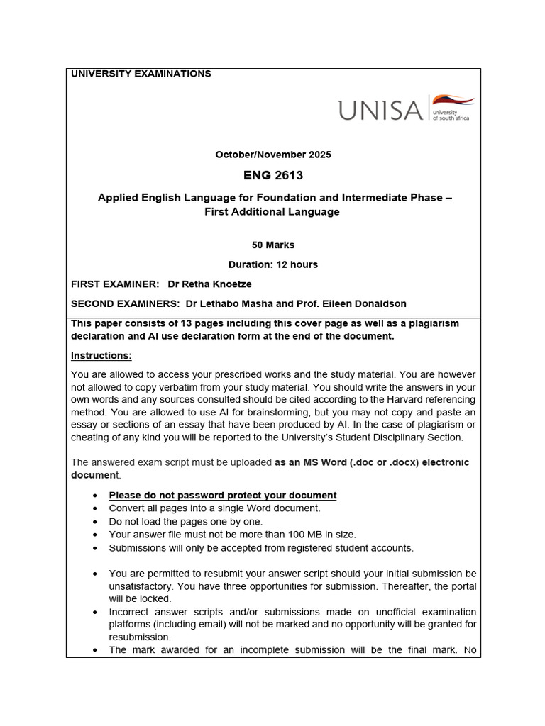 ENG 2613 Exam Instructions and Guidelines | PDF | Plagiarism | Essays