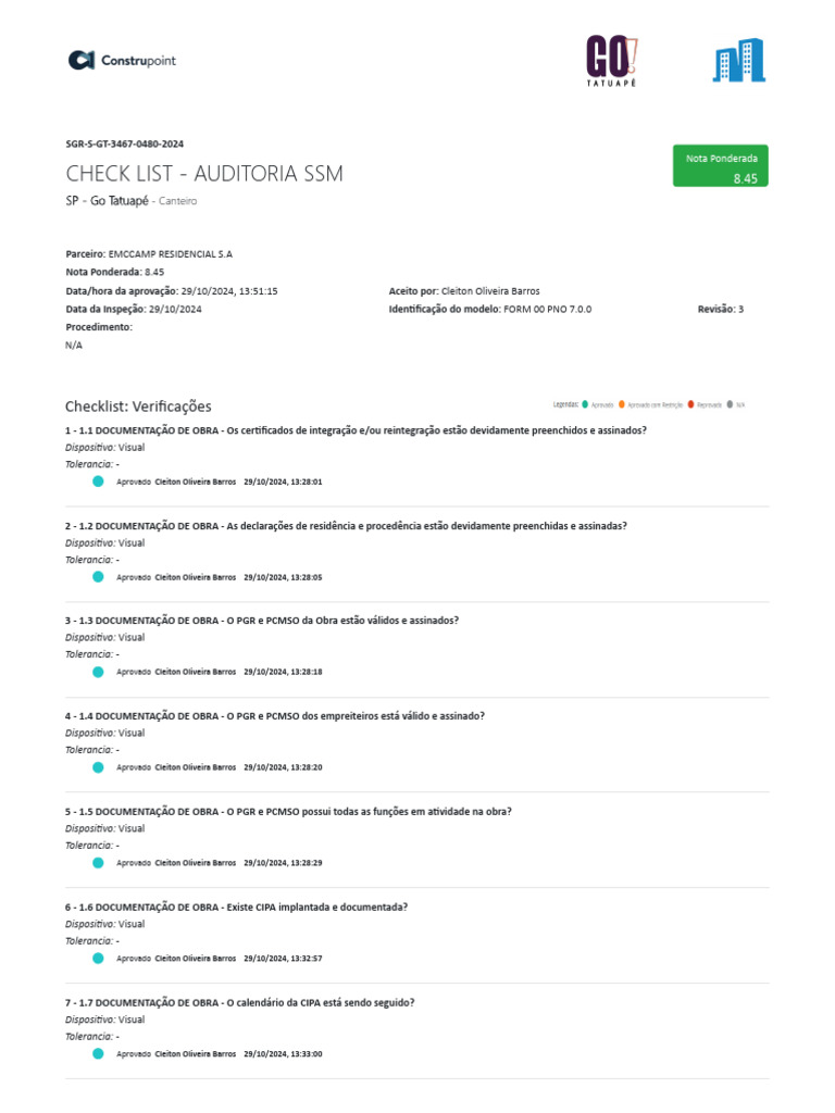 Checklist de Auditoria SSM - Canteiro SP | PDF