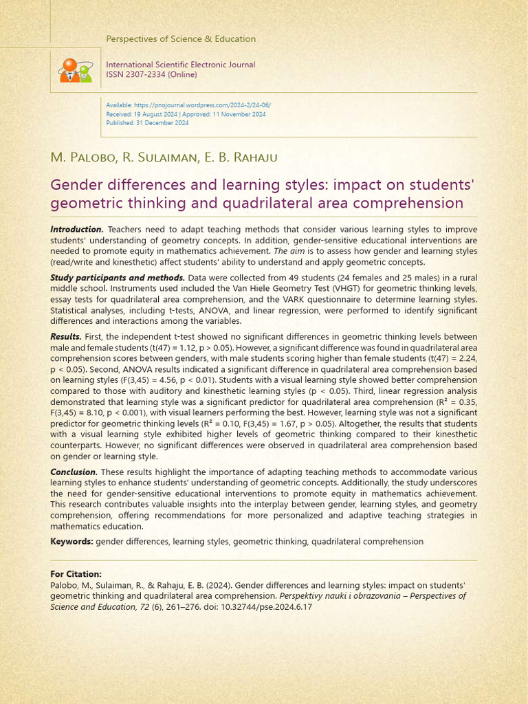 Gender Differences and Learning Styles: Impact On Students' Geometric ...