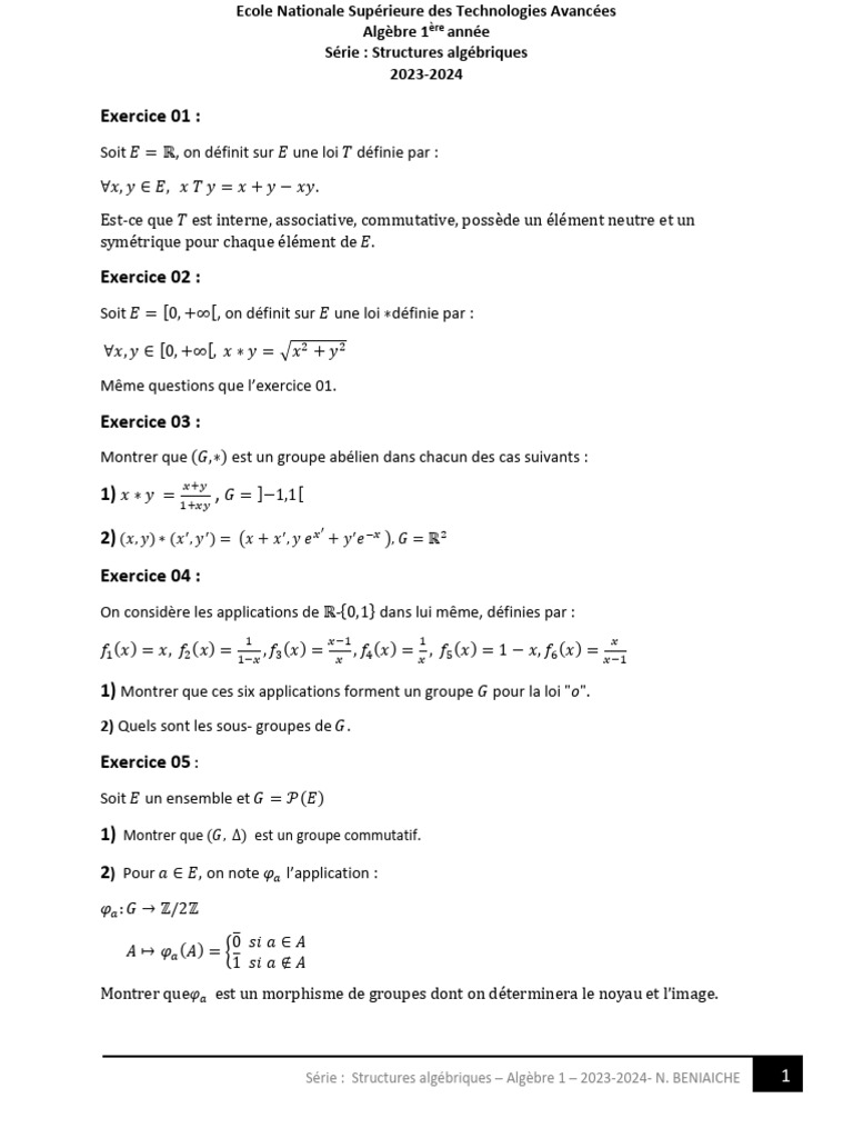 Exercices d'Algèbre 1 : Structures Algébriques | PDF | Anneau ...