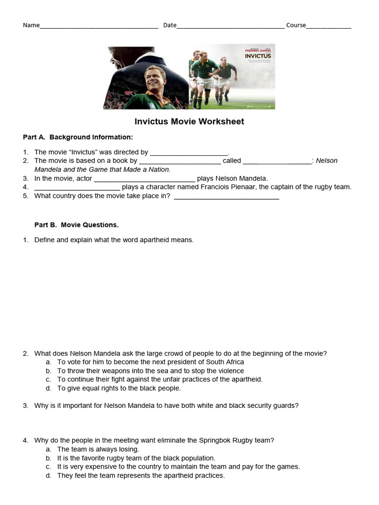 Invictus Movie Worksheet and Analysis | PDF