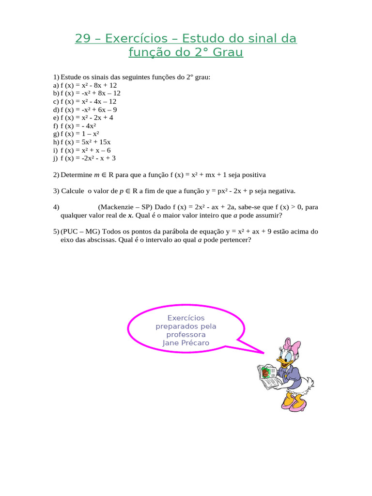 29 - Exercícios - Estudo Do Sinal Da Função Do 2° Grau | PDF