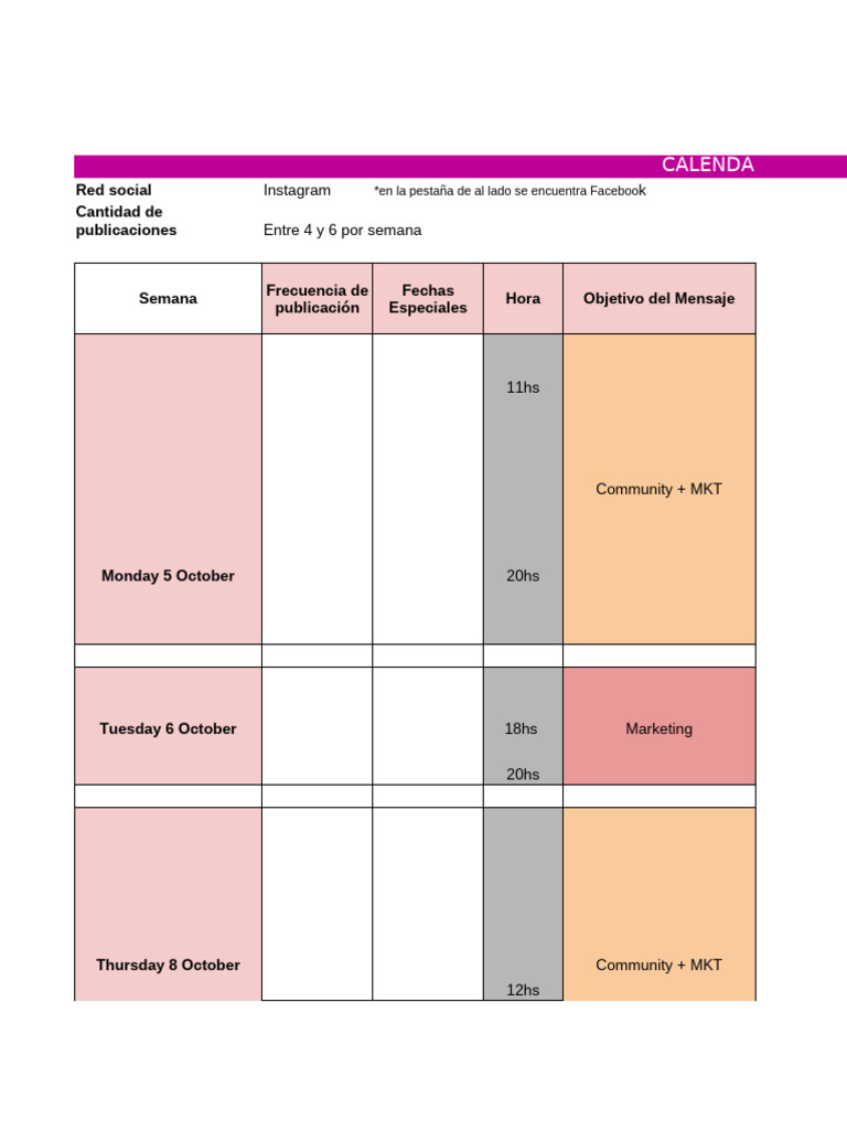 Calendario de Publicaciones Facebook - ChanchaTienda | PDF