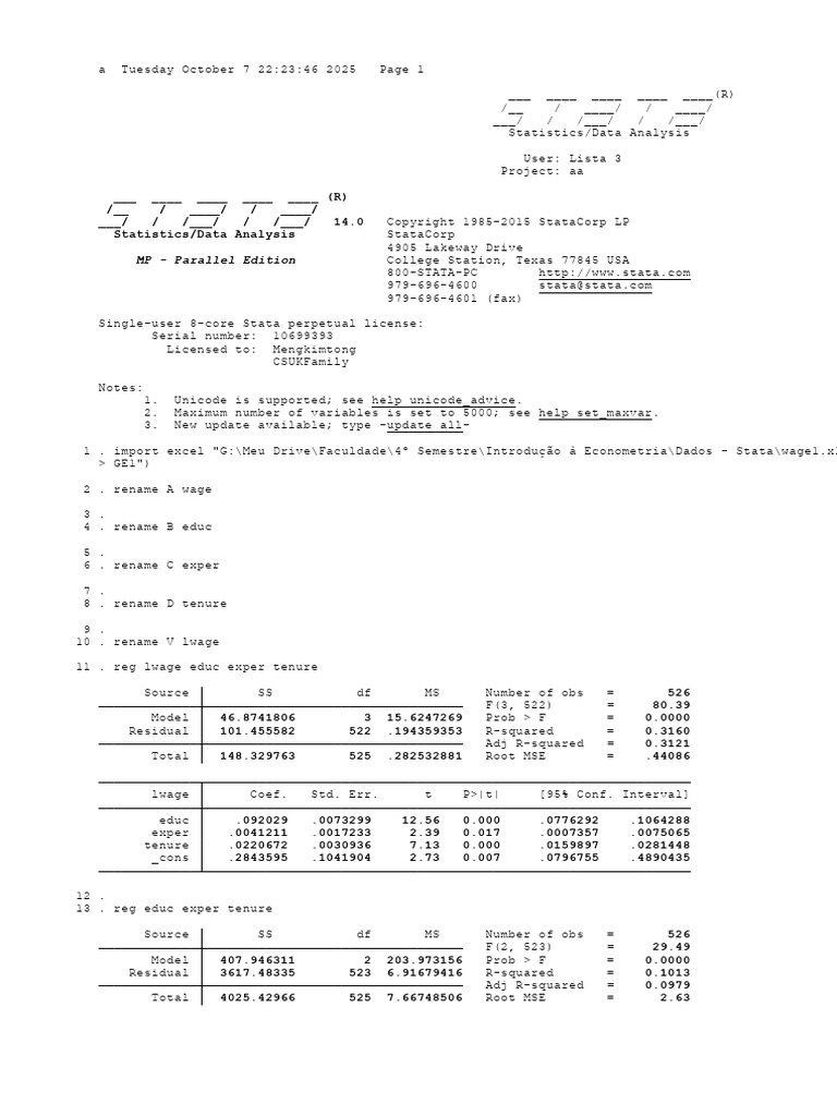 Stata Data Analysis and Regression Results | PDF | Regression Analysis ...