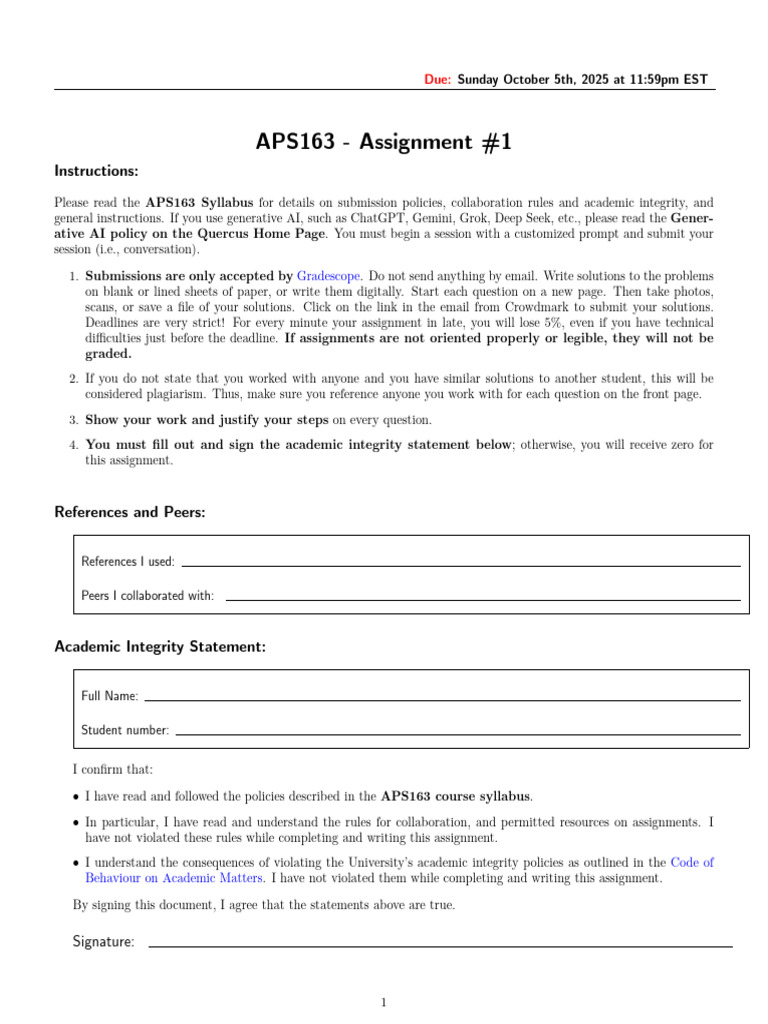 APS163 Assignment #1 Instructions | PDF
