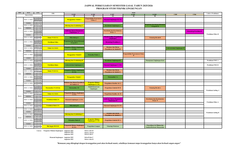 Jadwal Perkuliahan Teknik Lingkungan 2025 | PDF