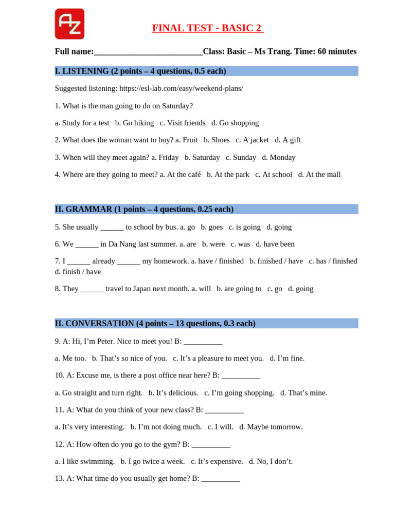 Basic 2 Final Test: Listening & Grammar | PDF