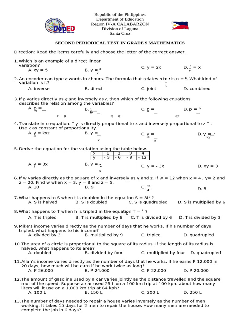 Grade 9 Math Periodical Test Guide | PDF | Exponentiation | Equations