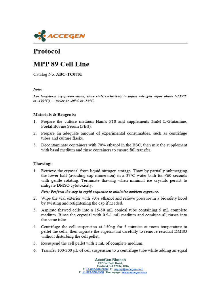 MPP 89 Cell Line Protocol Guide | PDF