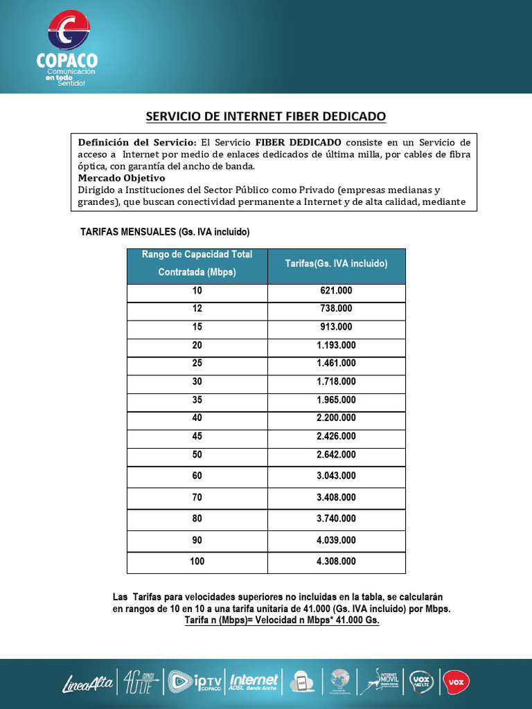 Tarifas de Internet Fiber Dedicado COPACO | PDF | Internet ...