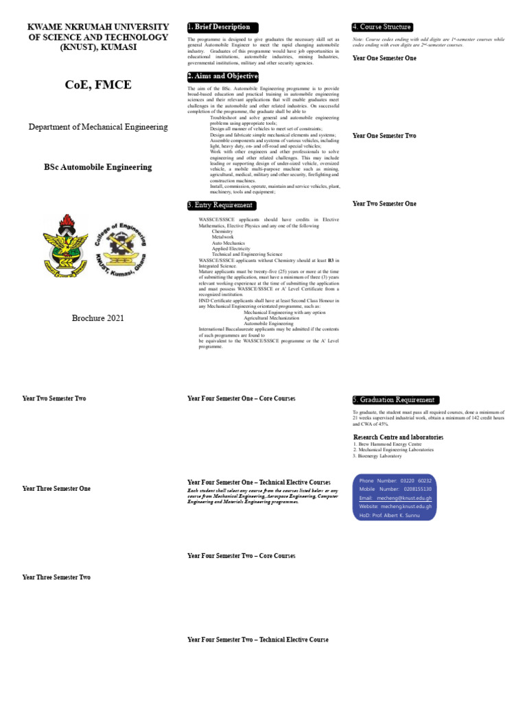 KNUST BSc Automobile Engineering Brochure | PDF | Engineering ...