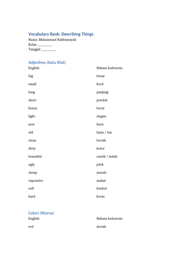 Vocabulary Bank Describing Things Muhammad Rahbiansyah v2 | PDF