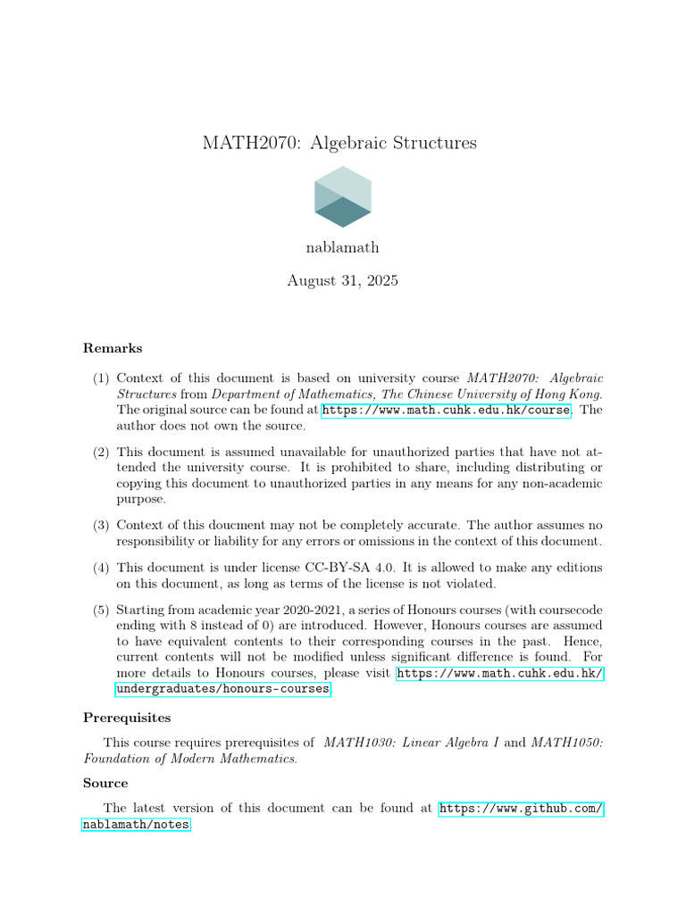 MATH2070 Algebraic Structures Overview | PDF | Group (Mathematics ...
