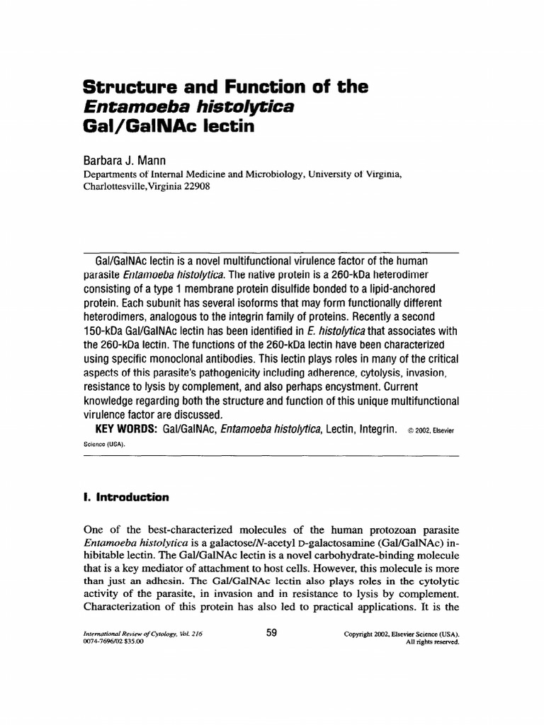 Structure and Function of E. histolytica Lectin | PDF | Gene | Proteins