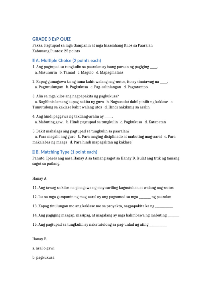 Grade3 EsP Quiz Pagtupad Sa Gampanin | PDF
