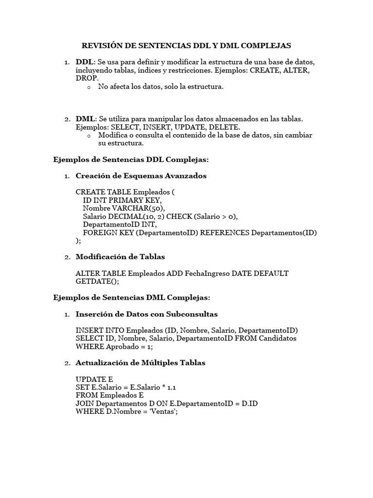 2a. Revisión de Sentencias DDL y DML Complejas | PDF