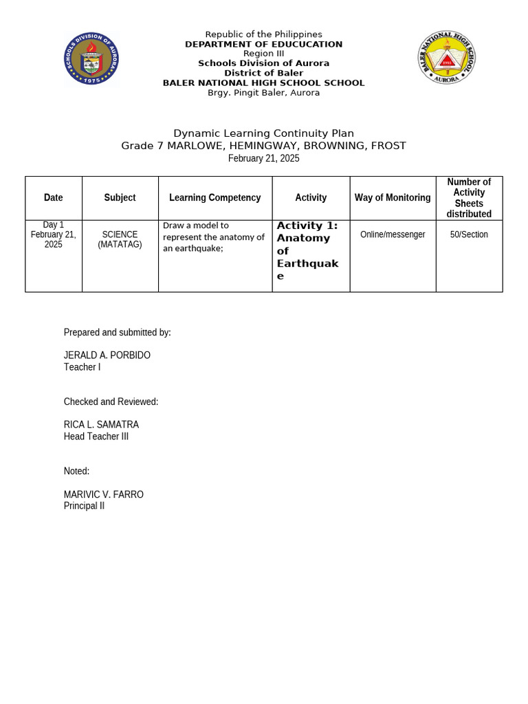 Dynamic-Learning-Continuity-Plan-Science 7 MATATAG FEB. 21, 2025 | PDF
