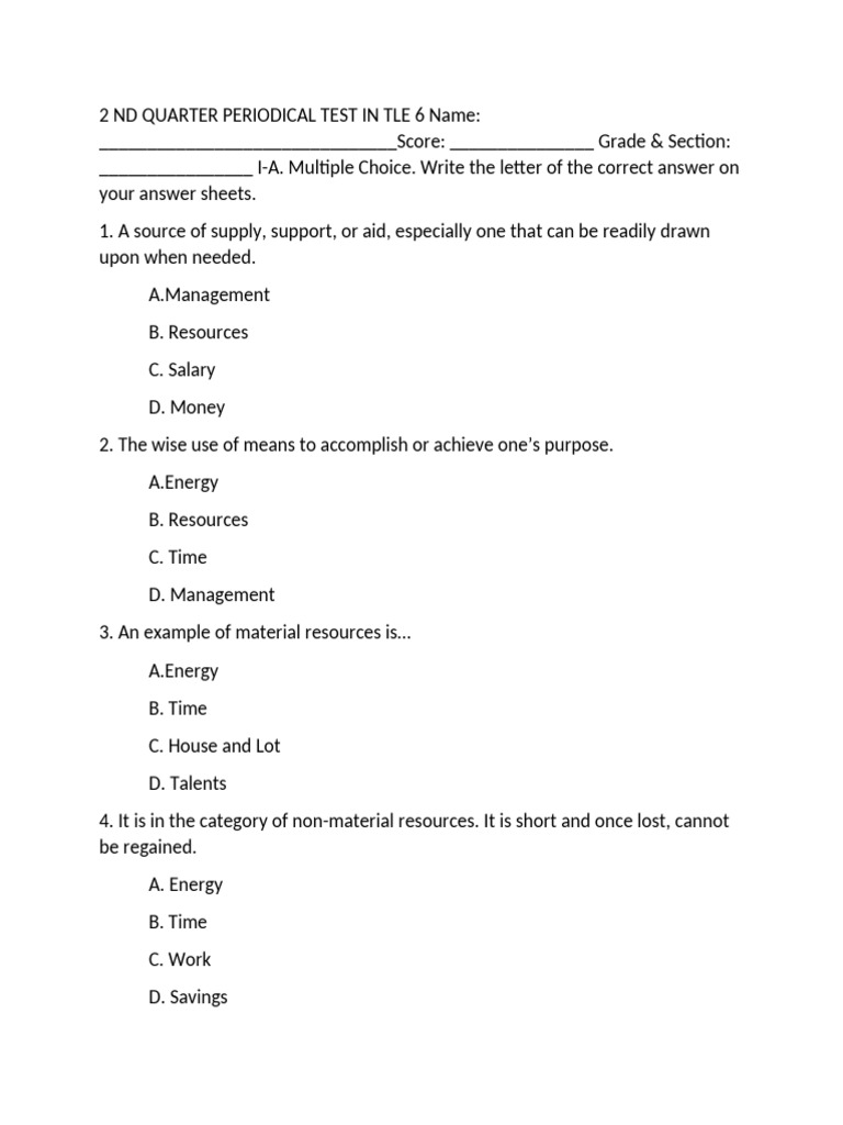 TLE 6 Periodical Test: Resources & Sewing | PDF | Yarn | Textiles