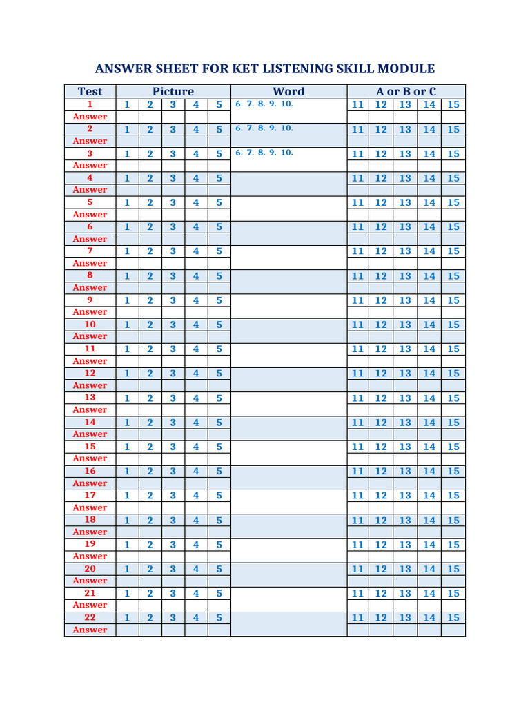 KET Listening Skill Answer Sheet | PDF