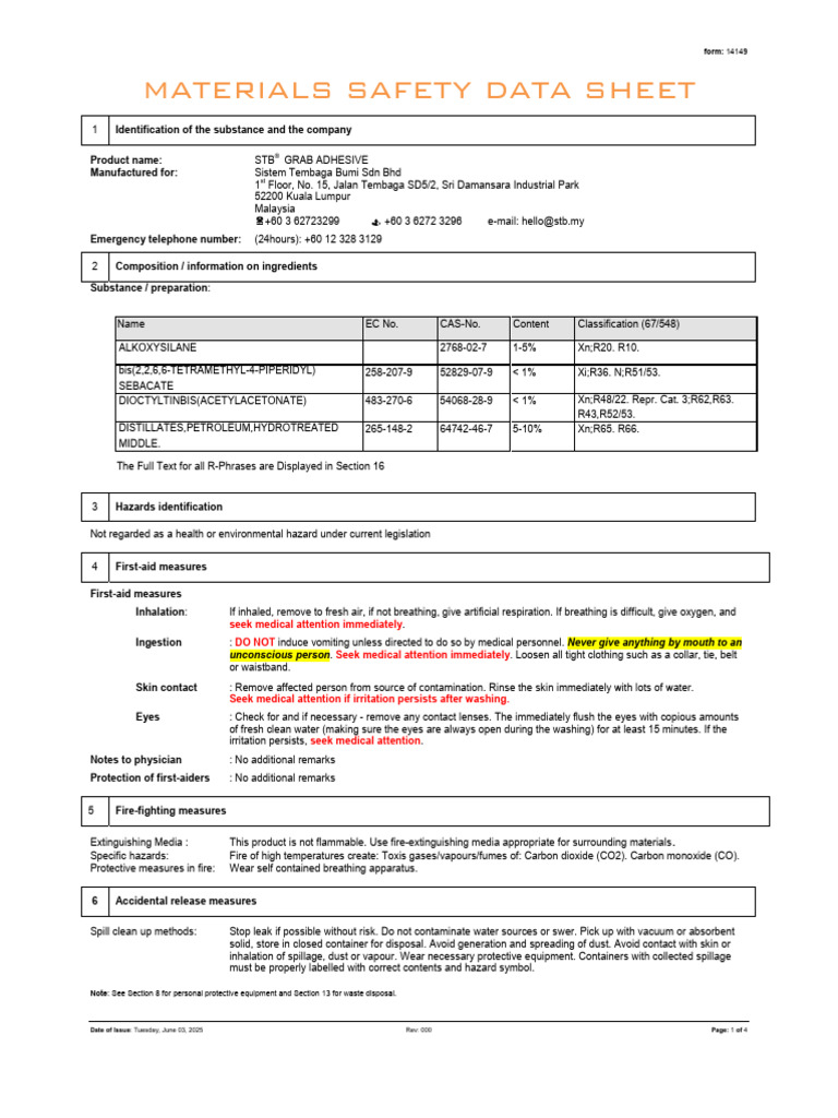 STB Grab Adhesive Safety Data Sheet | PDF