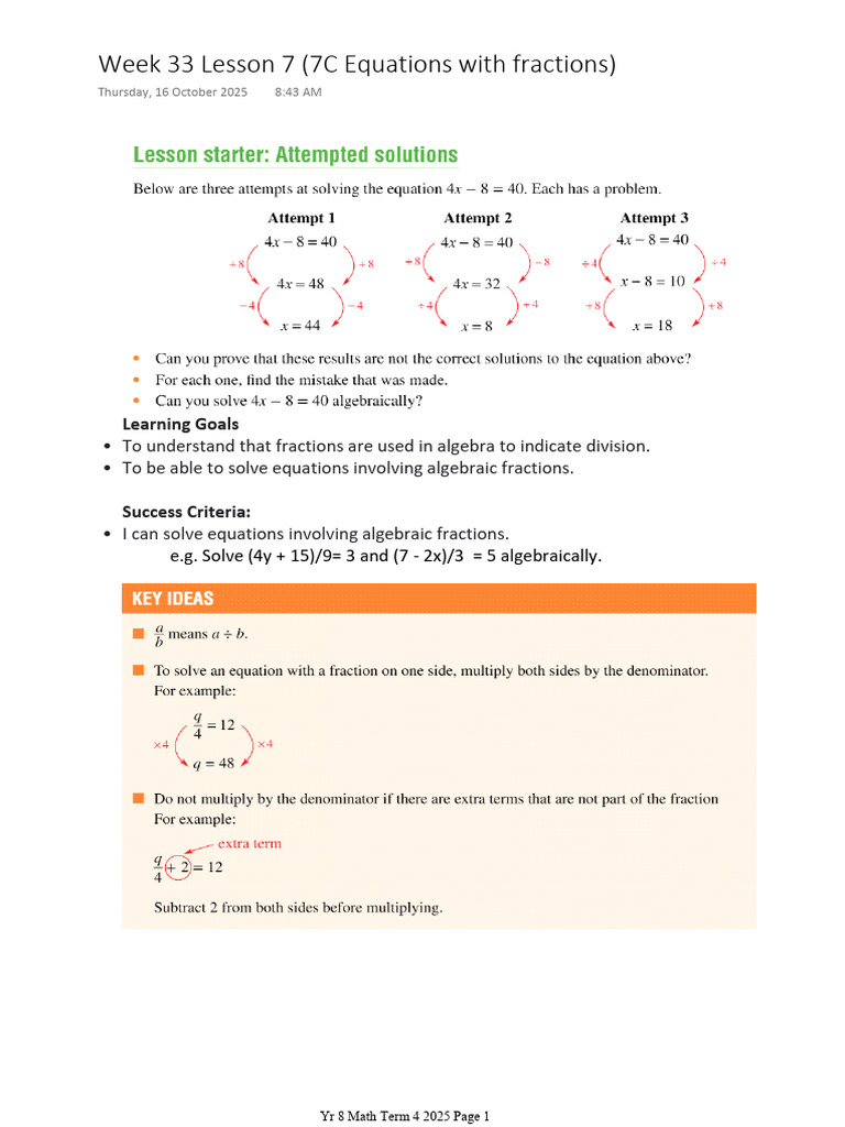 Week 33 Lesson 7 (7C Equations With Fractions) | PDF