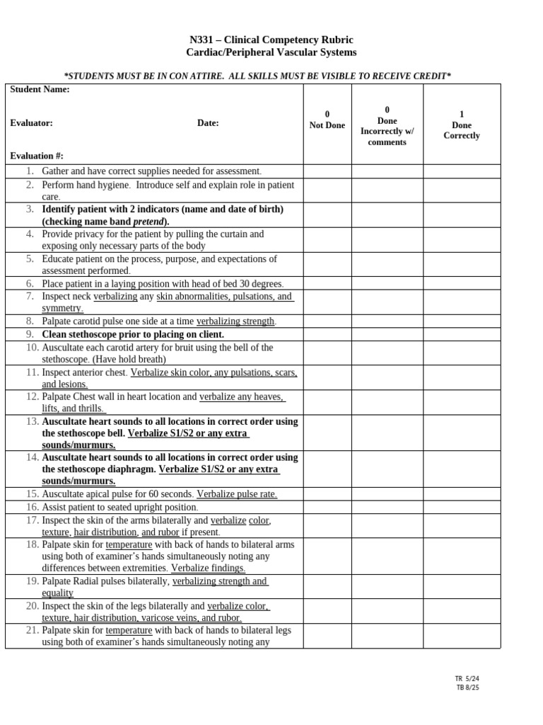 Cardiac Vascular Assessment Rubric | PDF | Pulse | Heart