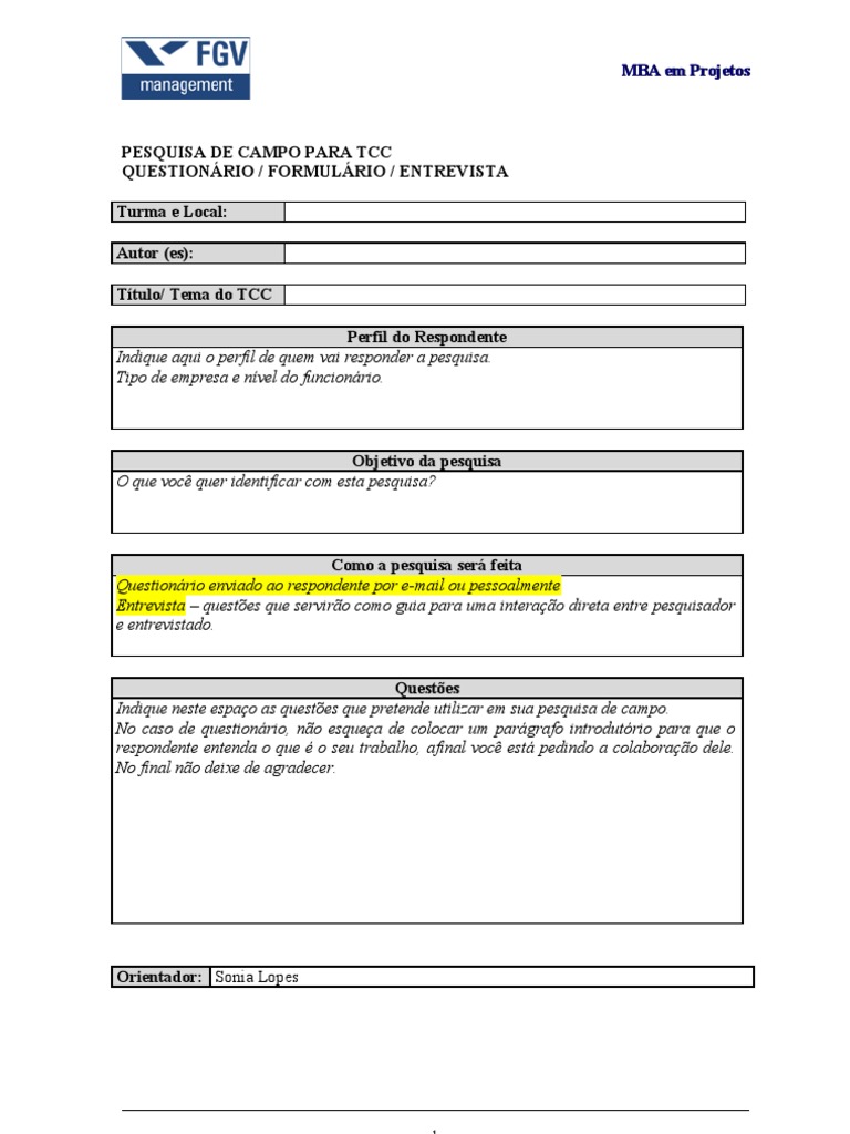 MODELO Formul rio Para Pesquisa De Campo