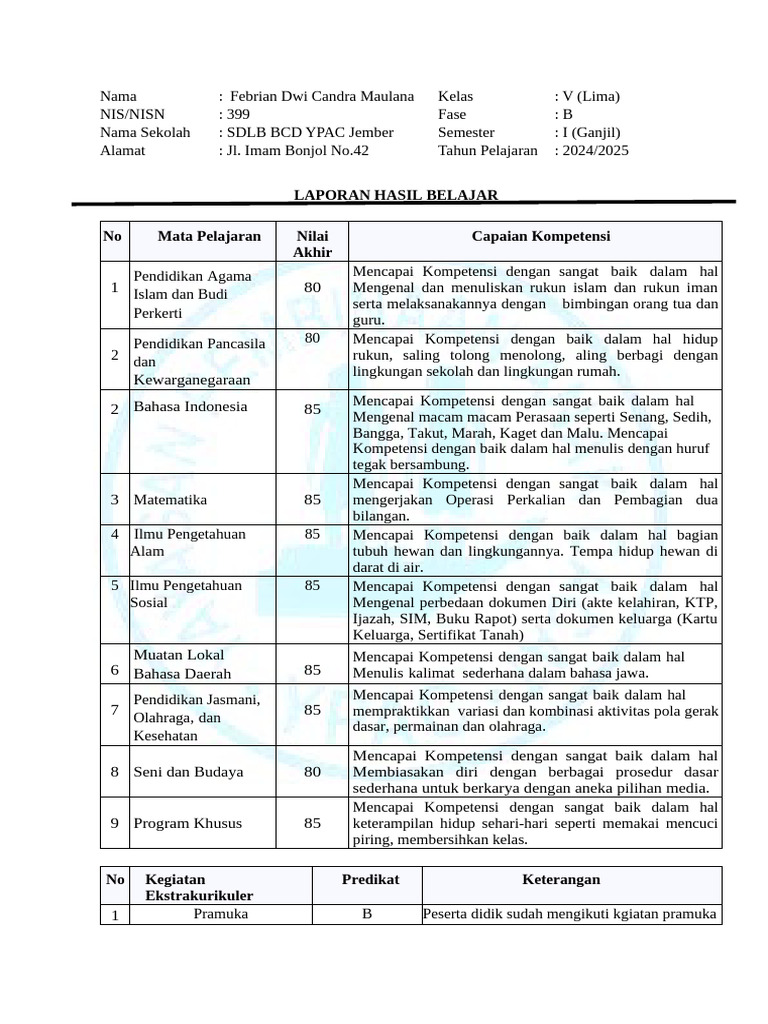 Laporan Hasil Belajar Febrian 2024 | PDF