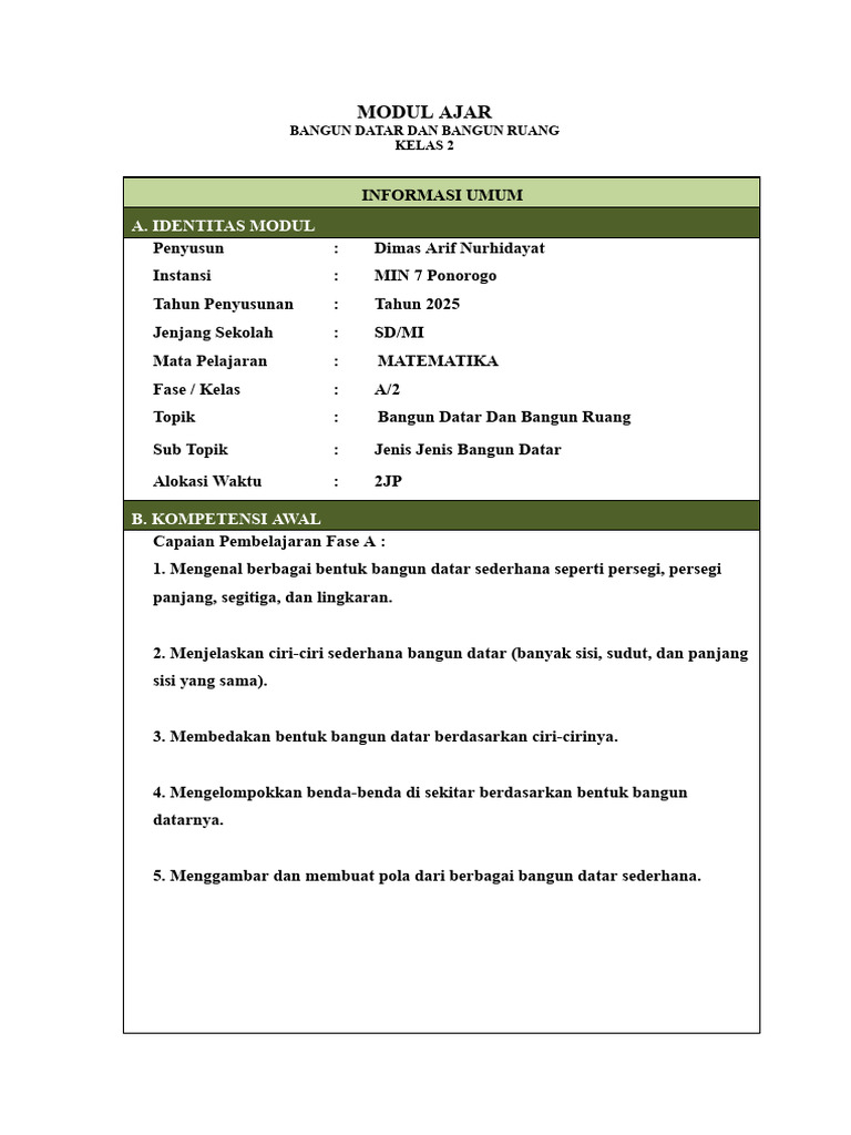 Modul Ajar Bangun Datar Kelas 2 SD | PDF