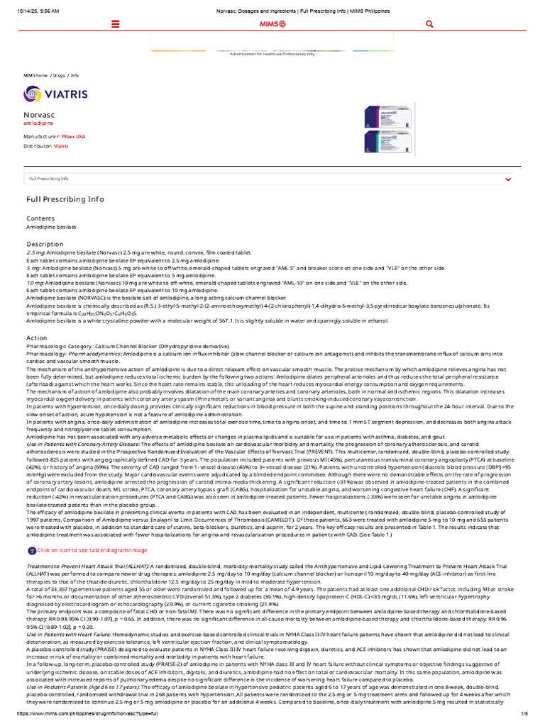 NORVASC PACKAGE INSERT PRESCRIBING INFORMATION MOA visual data 5