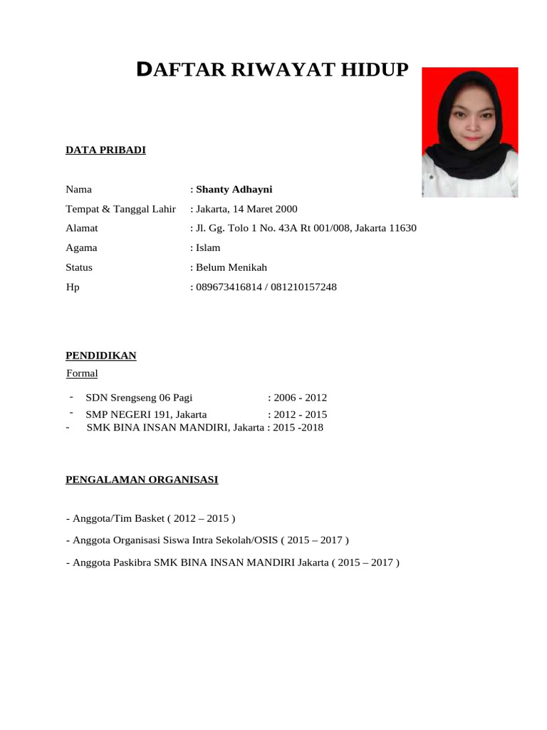 CV Shanty Adhayni untuk Lamaran Kerja | PDF