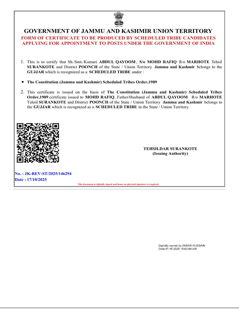 Scheduled Tribe Certificate for Employment | PDF