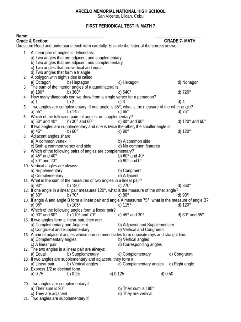 1st Quarter Periodical Test | PDF | Angle | Triangle