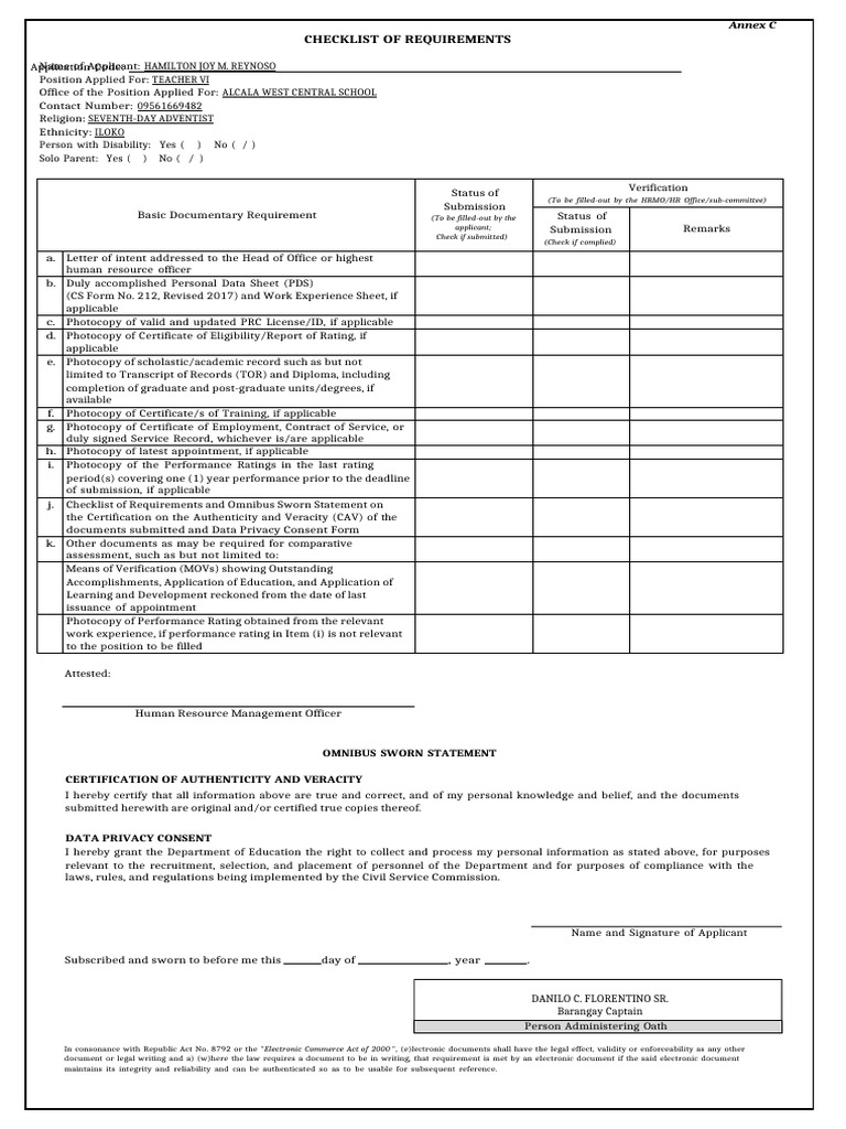 Teacher VI Application Requirements Checklist | PDF