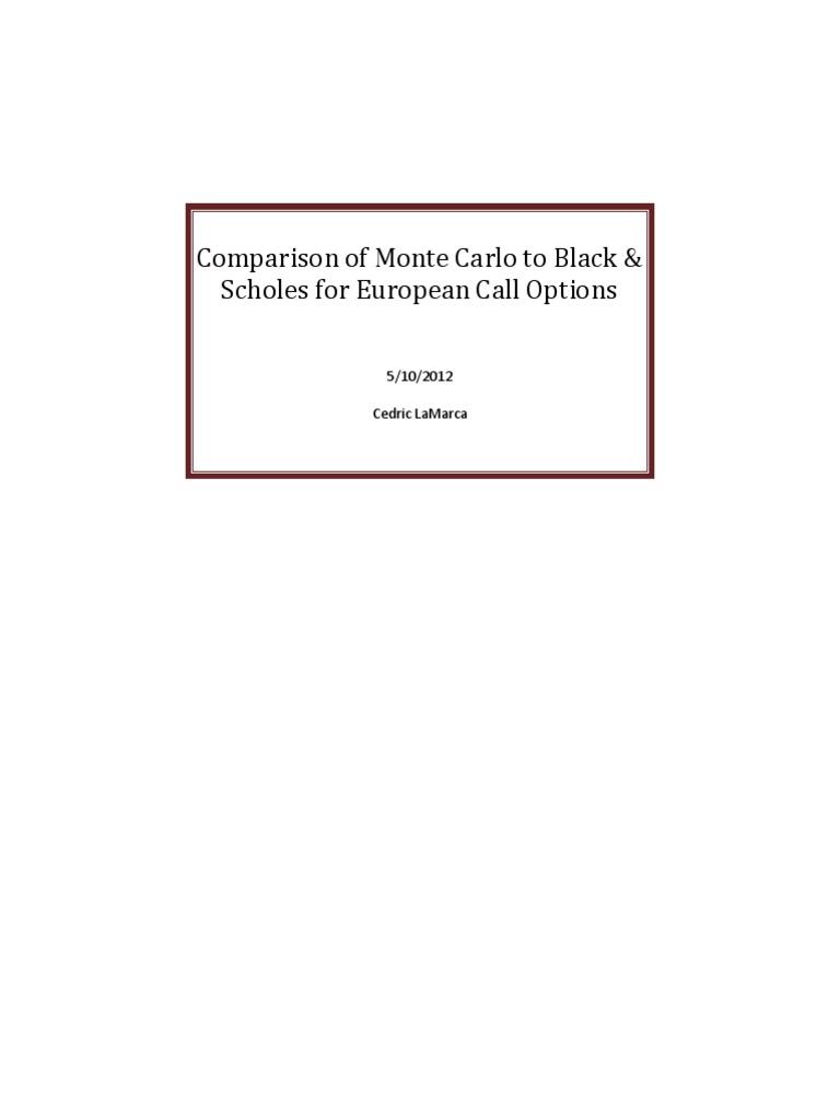 Comparison of Monte Carlo To Black & Scholes For European Call Options