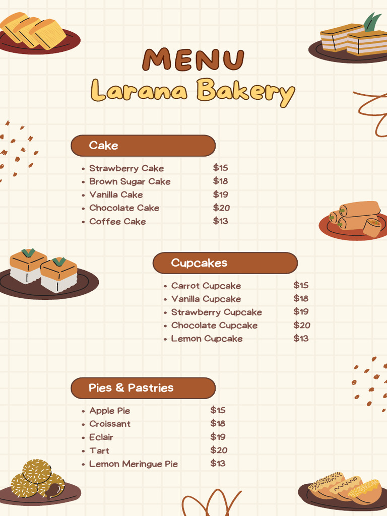 Yellow Brown Cute Cake Illustration Menu | PDF | Cakes | Desserts