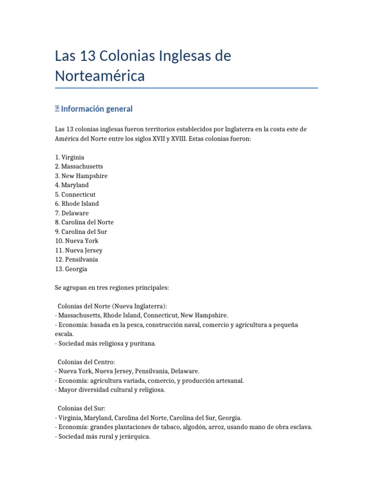 Las 13 Colonias Inglesas en América | PDF | Trece colonias